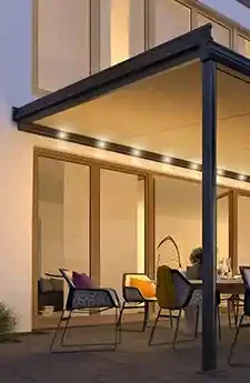 Modern patio shaded by Sotezza conservatory awning
